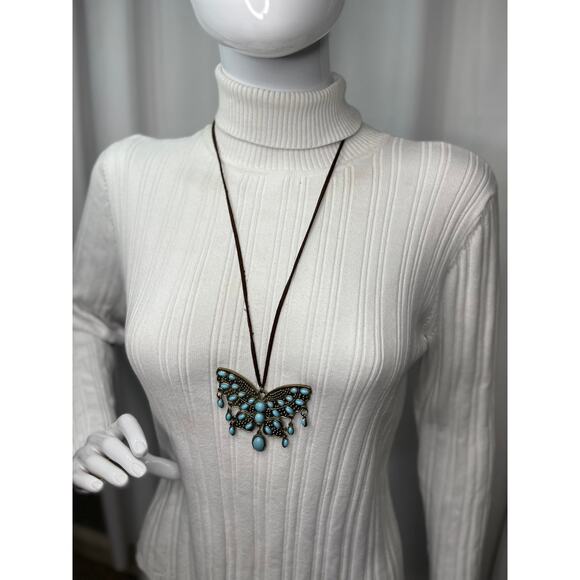 Butterfly necklace turquoise blue silver tone pendant on brown cord suede - Picture 2 of 10